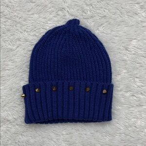 Blue Knit Beanie with Gold Accents